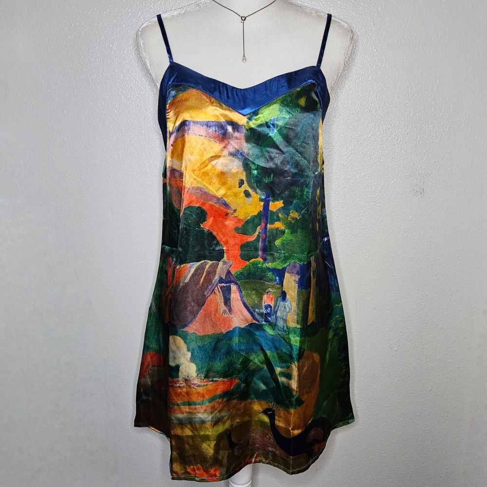 Galleria‎ Enterprises Art Print Satin Chemise Slip Dress Peacocks Landscape